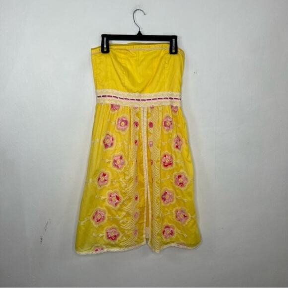 Cynthia Steffe Strapless Embroidered Pink Floral Yellow Lace Strapless Dress - Picture 16 of 16